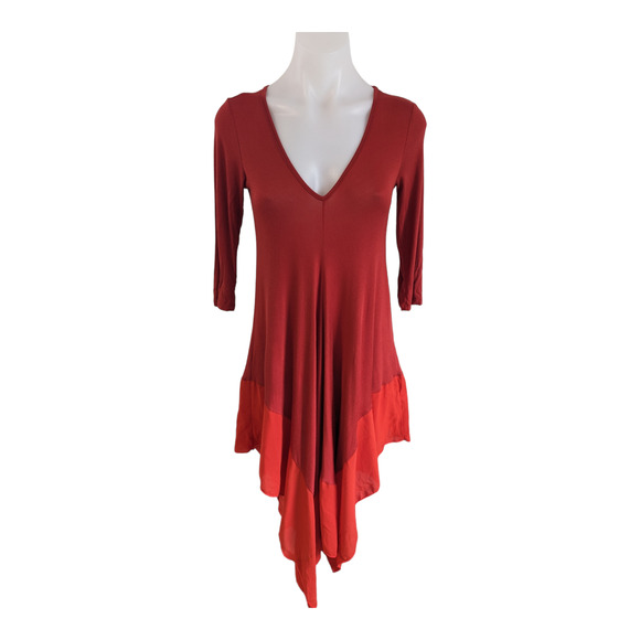 Ming Ming Size Medium Handkerchief Hem Shift Dress Red Orange Colorblock V Neck - Picture 1 of 13